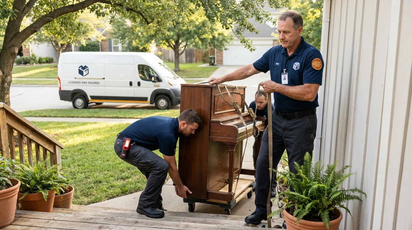 Licensed piano movers securing grand piano in Holdenville, OK