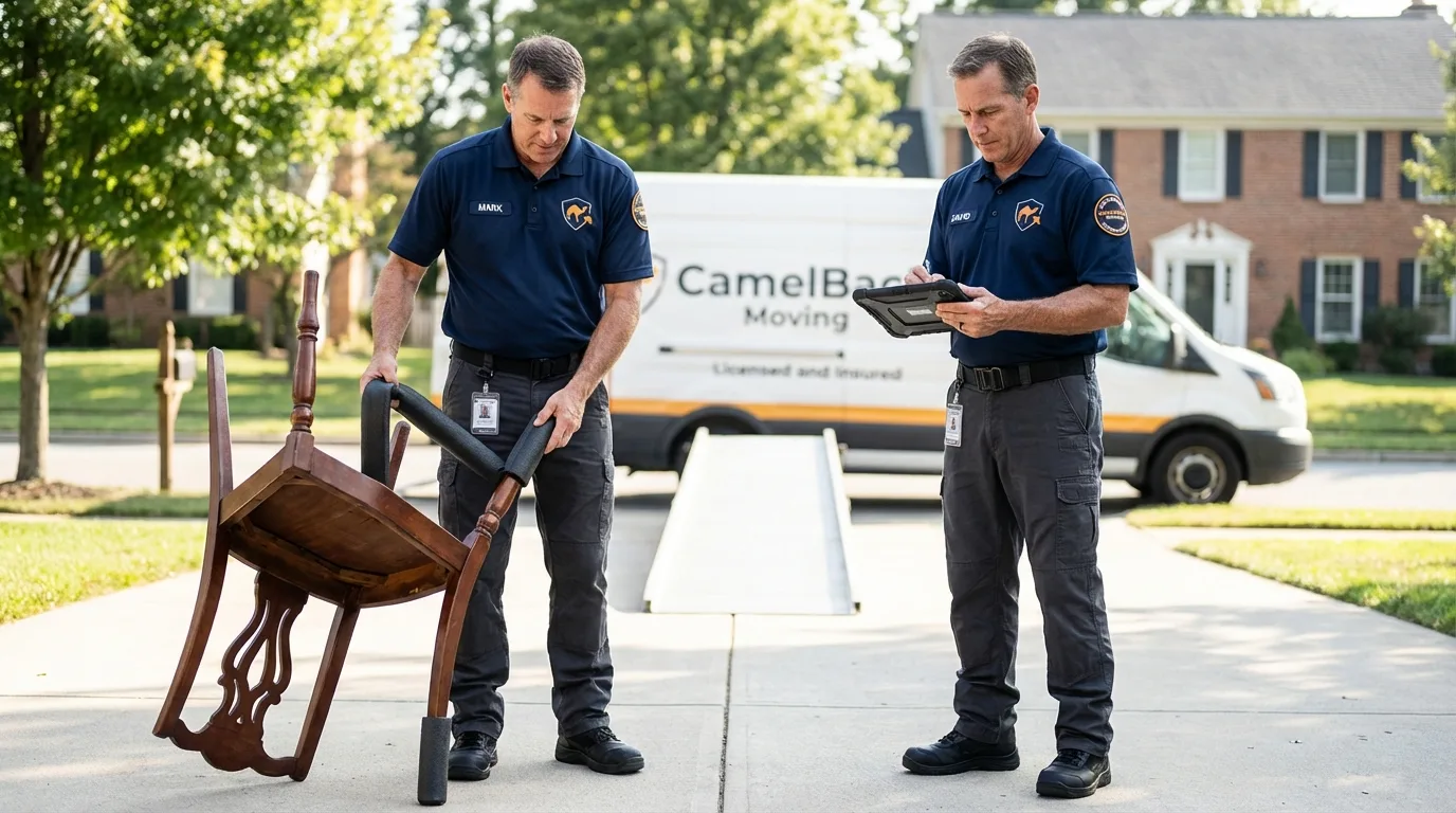 Movers inspecting furniture for damage prevention before loading in Holdenville, OK