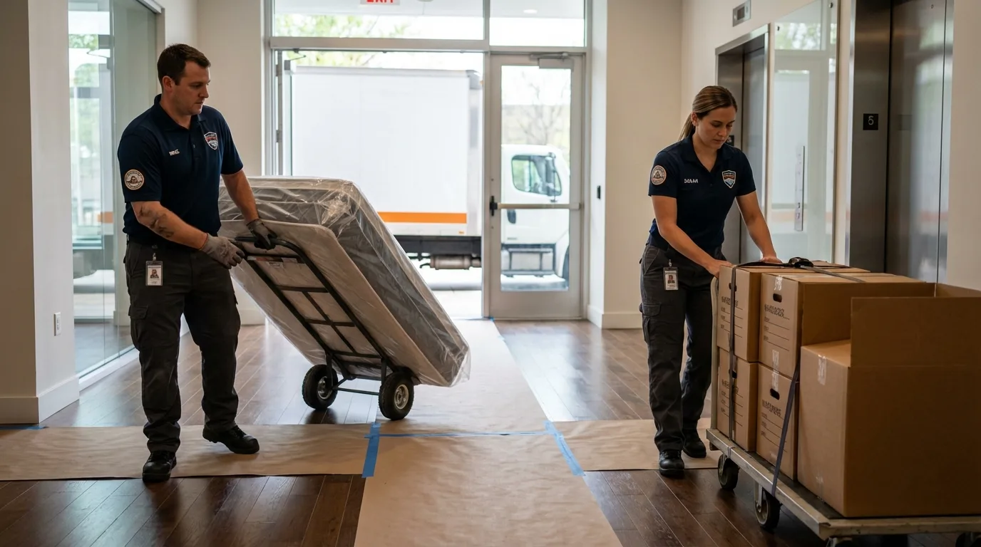 Professional apartment movers loading elevator in Holdenville, OK