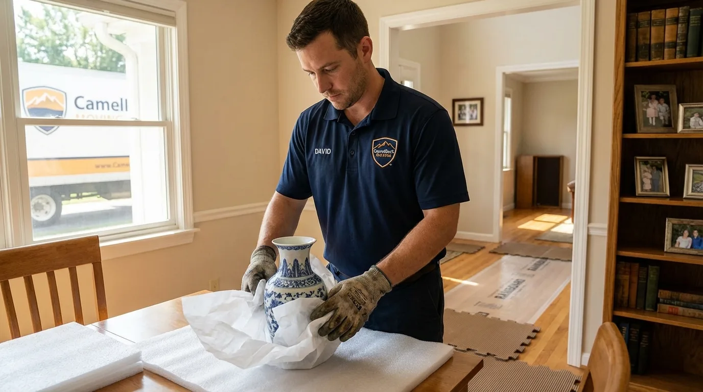 Professional crew carefully wrapping antique vase for senior downsizing move in Holdenville, OK